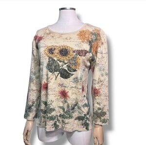 STUDIO COLLECTION Floral Illustration & Writing Graphic Scoop Neck Top Y2K